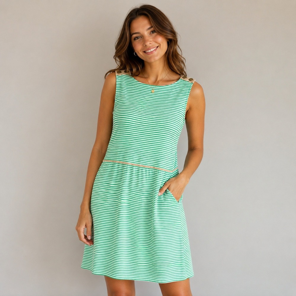 Green White Striped Sleeveless Sheath Dress‎ with Tan Shoulder Snap Accents